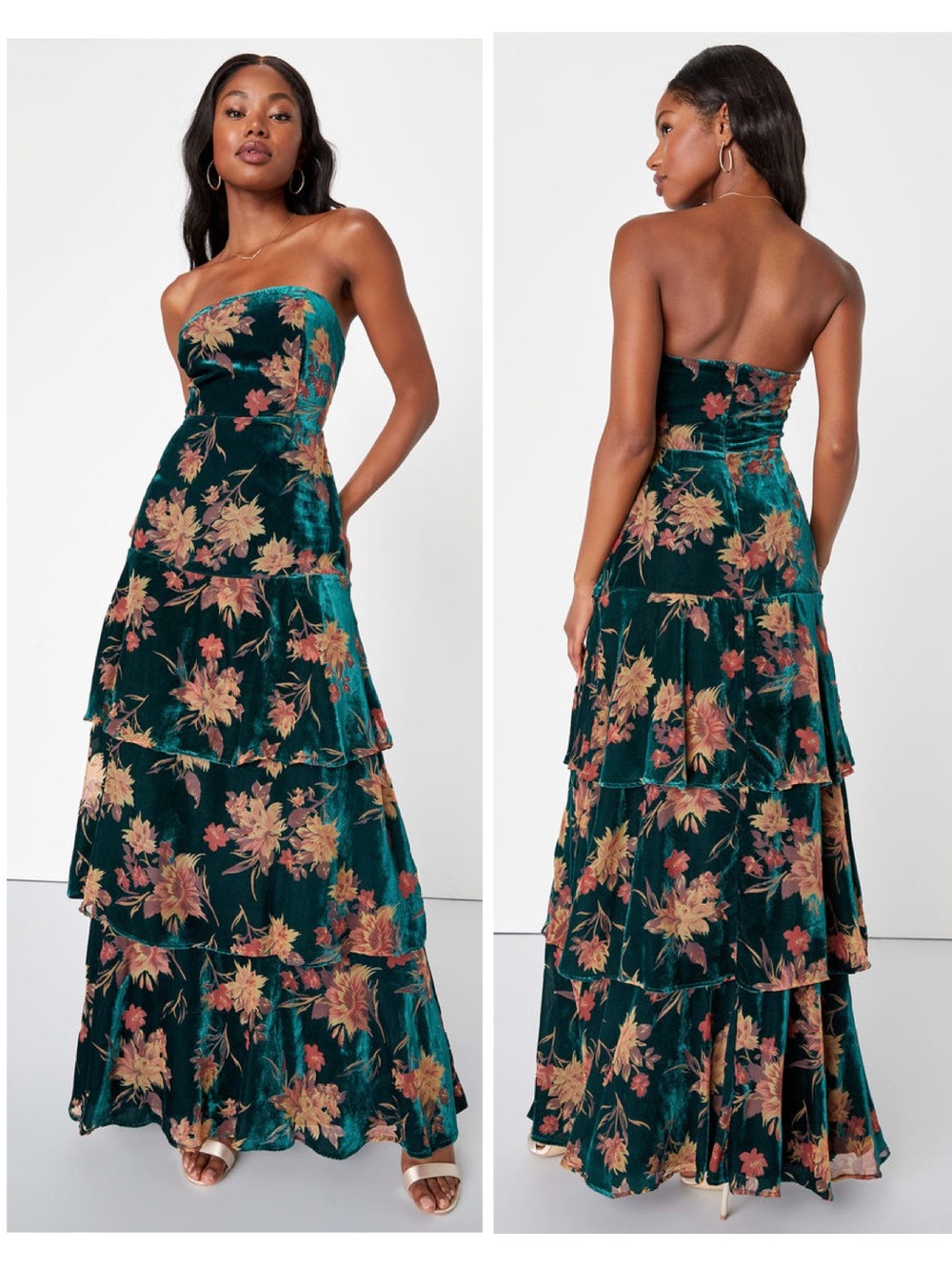 Lulus Real Allure Emerald Floral Burnout Velvet Strapless Maxi Dress Size XL NWT